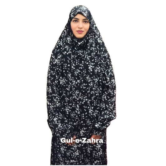 PREMIUM FULL COVER NAMAZ CHADAR BLACK WITH WHITE FLOWER PRINT